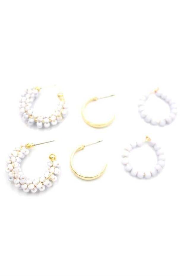 Beaded Earring Set - White - 2