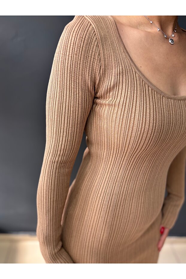 Camel triko uzun kollu elbise - 1