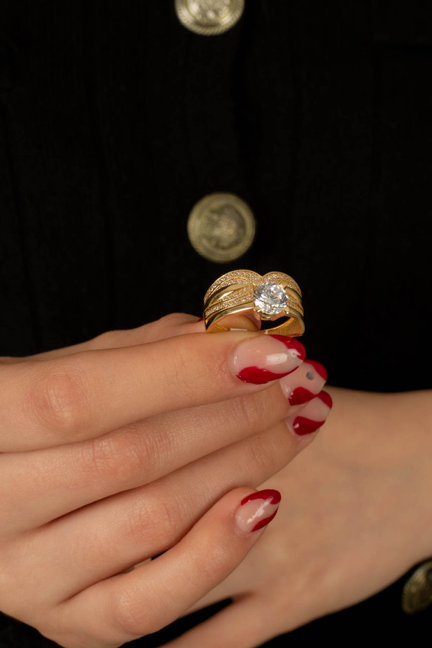 14 Ayar Altın Kombin Tektaş Yüzük - 3