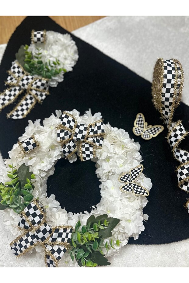 Damalı Kurdele Simli Şerit Siyah Paspas Hasır Sepet Kapı Süsü - 2