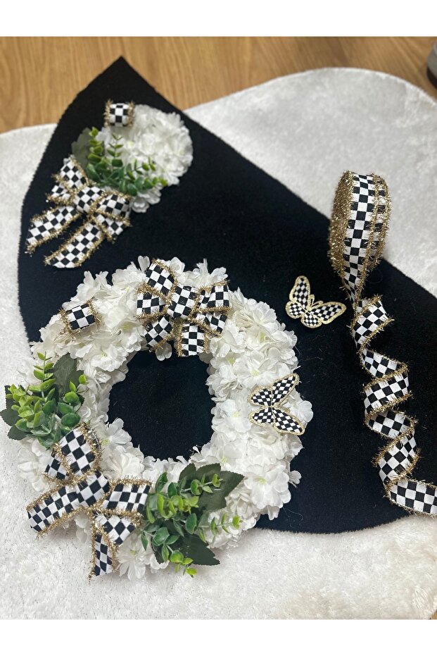 Damalı Kurdele Simli Şerit Siyah Paspas Hasır Sepet Kapı Süsü - 1