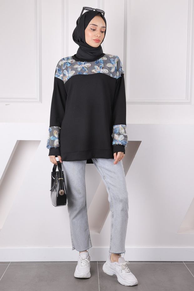 Modal Sweat with Black Tulle Flower Garnish