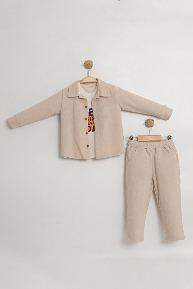 Boy's Waffle Fabric Shirt Combed Cotton 3-Piece Triple Suit