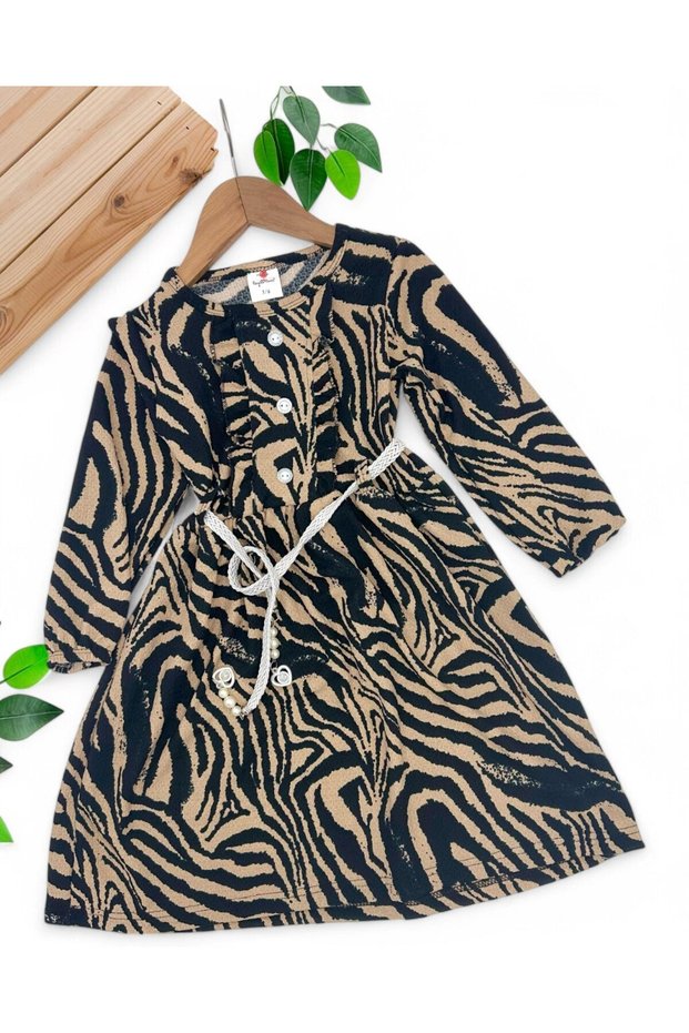 Girls' Zebra Patterned Wrinkled Fabric Seasonal Dress for Ages 5-6-7-8-9-10-11-12 with Long Sleeves