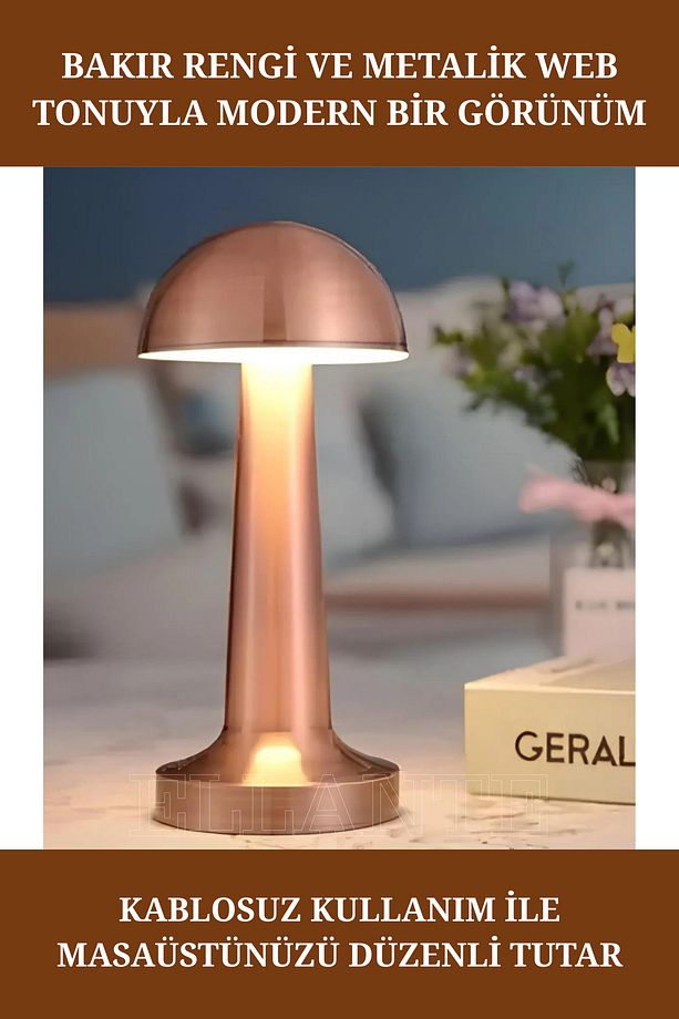 Mantar Model Dimmerli Şarjlı Retro Masa Lambası Bakır 25cm - 4