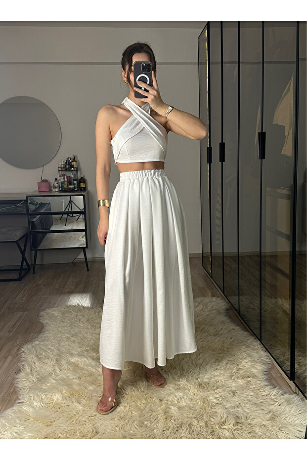 Kahlan White Elastic Waist Raw Linen Fabric Skirted Blouse Set