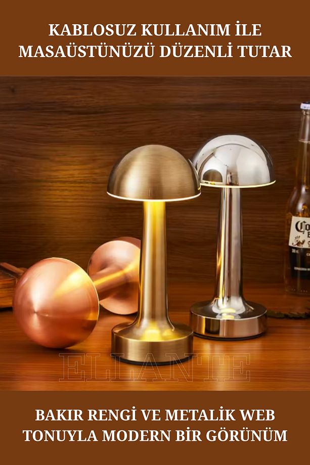 Mantar Model Dimmerli Şarjlı Retro Masa Lambası Bakır 25cm - 1