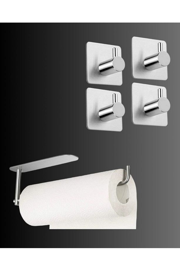 Paslanmaz Çelik Yapışkanlı Kağıt Havluluk ve 4 Adet Banyo Askısı SET - Anında Kolay Montaj - INOX - 1