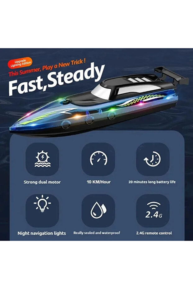 Renkli Led Işıklı Açık Hava Elektrikli Usb Şarjlı Uzaktan Kumandalı Oyuncak RC Tekne - 2