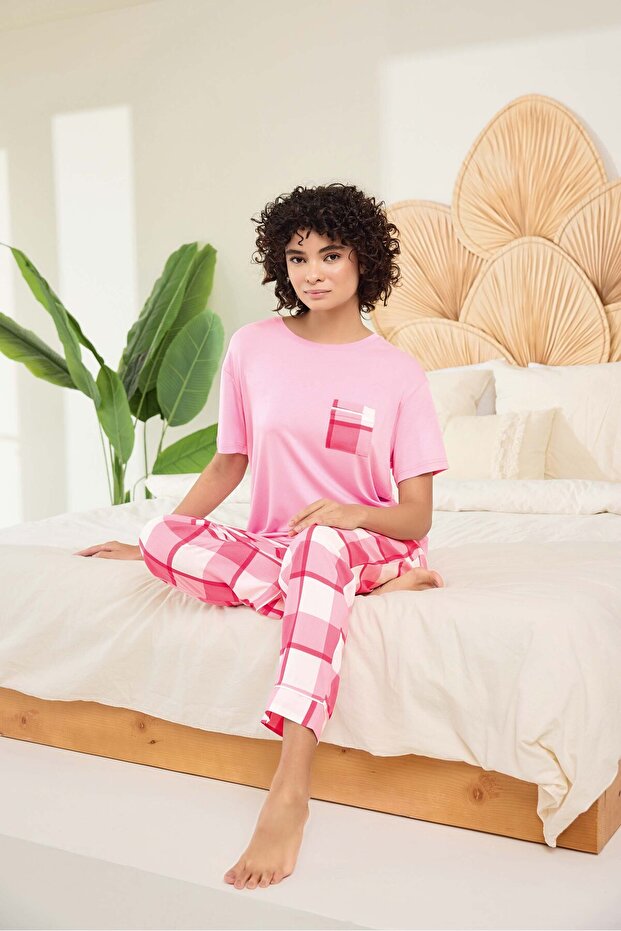 Lodos Store Women's Short Sleeve Viscose Poplin Fabric Pocket Plaid Pattern Pajamas Set
