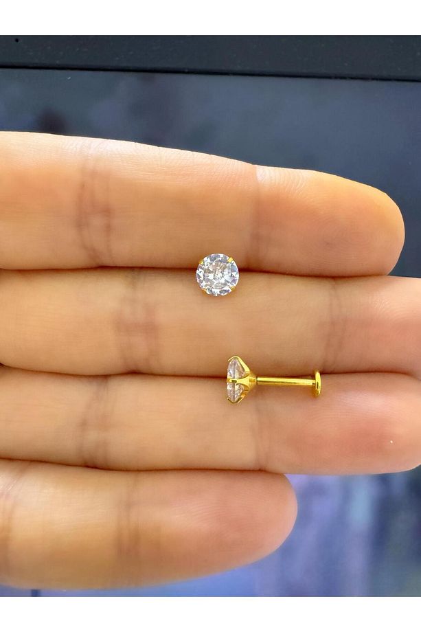 1 ADET G23 TİTANİUM ZİRKON TEK TAŞ  TRAGUS HELİX FLAT LOBE UYUMLU LABRET PİERCİNG - 2