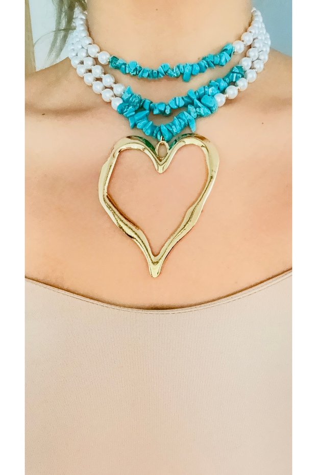 Gold Color Heart Pearl & Turquoise Stone Choker Necklace – Layered Bohemian Handmade Special Design