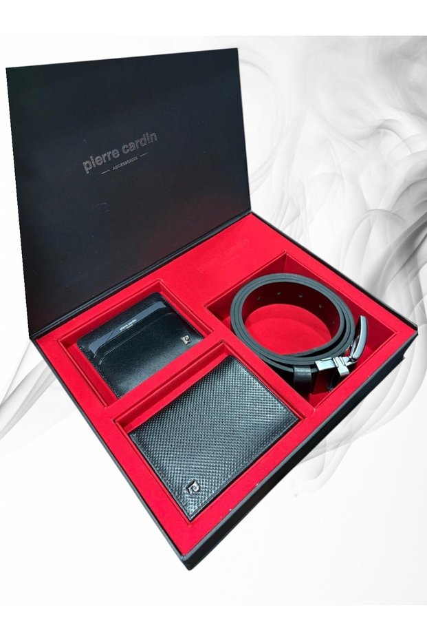 100% Black Leather Belt, Wallet and Card Holder 3-Piece Vertical Sports Suit