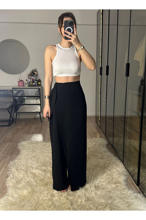 Keira Önü Kapaklı Siyah Bambu Keten Ayarlanabilir Kuşaklı Yüksek Bel Pantolon - 2