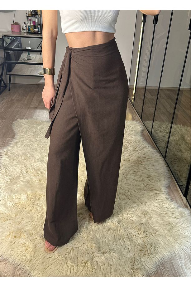 Keira Önü Kapaklı Acı Kahve Bambu Keten Ayarlanabilir Kuşaklı Yüksek Bel Pantolon - 3