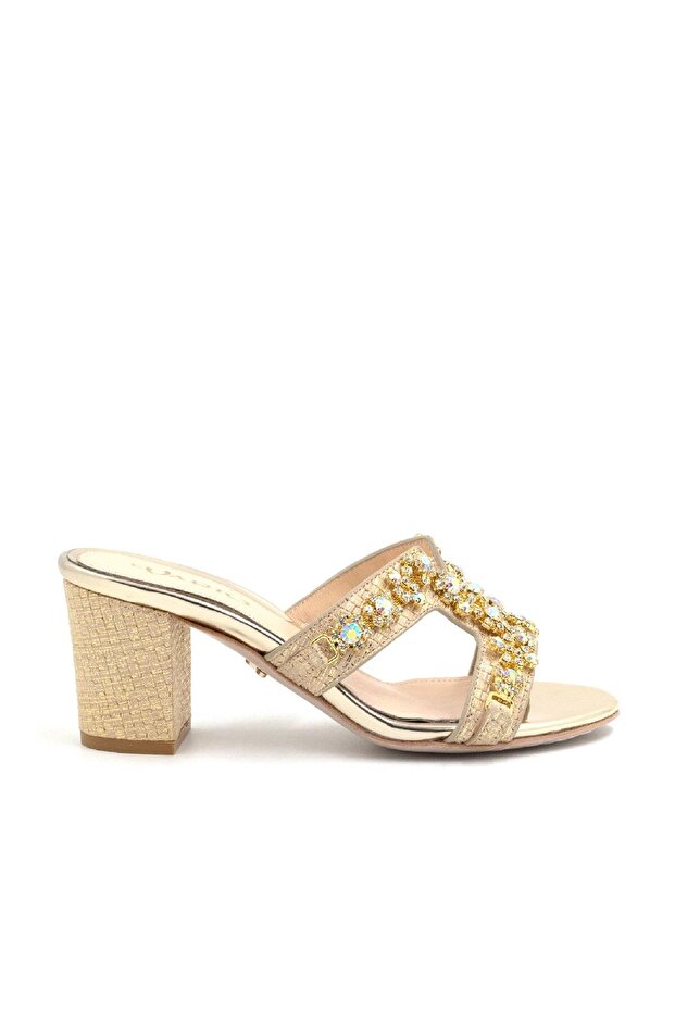 Stone Detailed Thick Heeled Slippers with Gold Stones (Gold Stone)