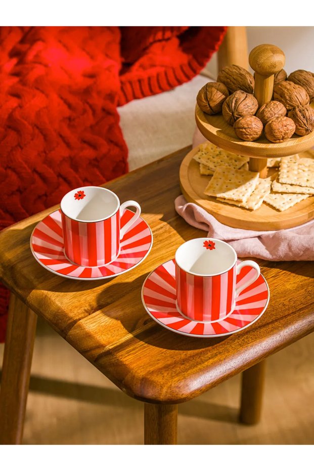 Lcw Home Red Floral Printed Porcelain Coffee Cup Set for 2 People