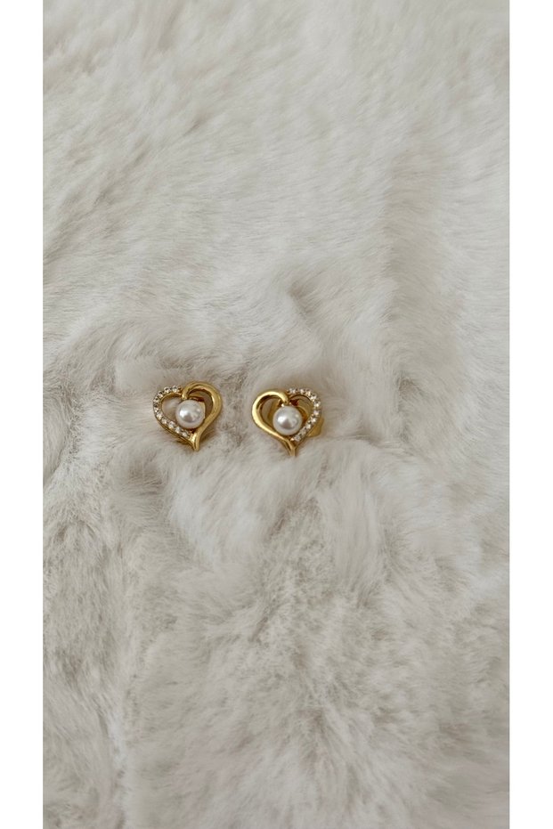 Xuping Gold Color Pearl Detailed Heart Earrings - Steel, Water Resistant, Allergy Free