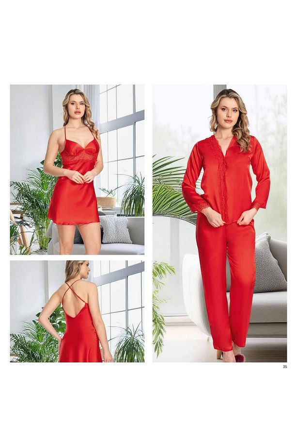 Kadın Kırmızı Saten Gecelik Sabahlık Pijama Takım Şort Takım 6'lı Set J.ER.3.R.O.Z5.5.E.L.T. - 2