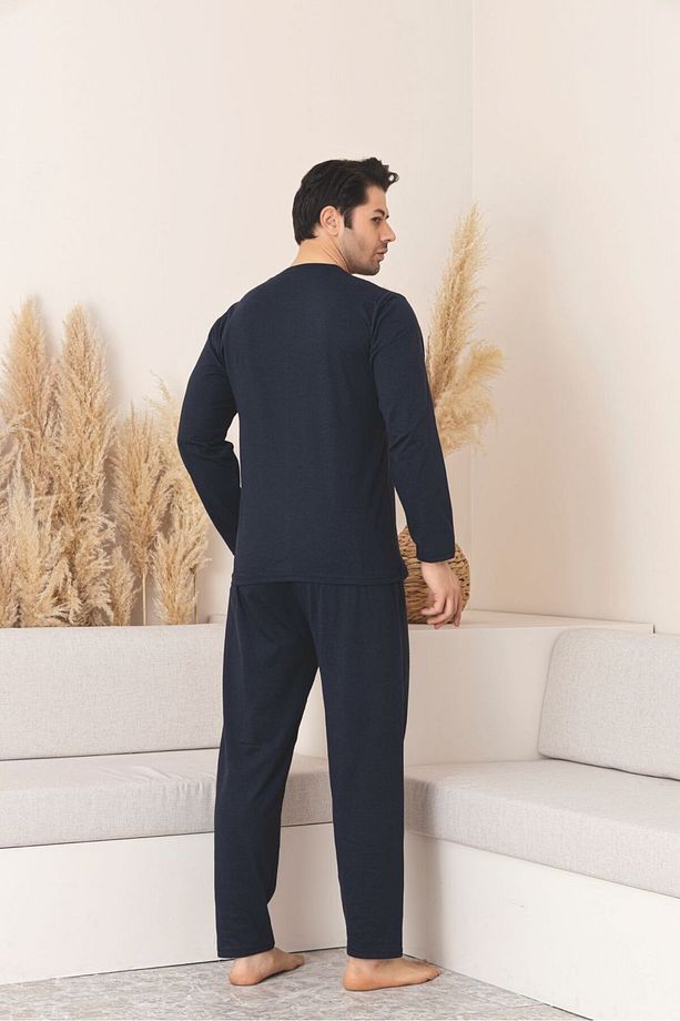 Larcivert Uzun Kollu Penye Örme Erkek Pijama Takımı - 3