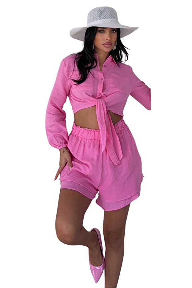 Women's Two Piece Set - Front Tie Shorts and Shirt 100% Cotton