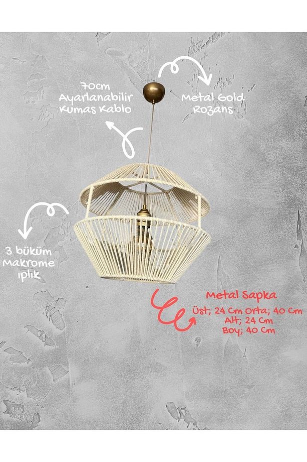 Lumora - Makrome Avize - Ekru, Metal Iskelet - 3