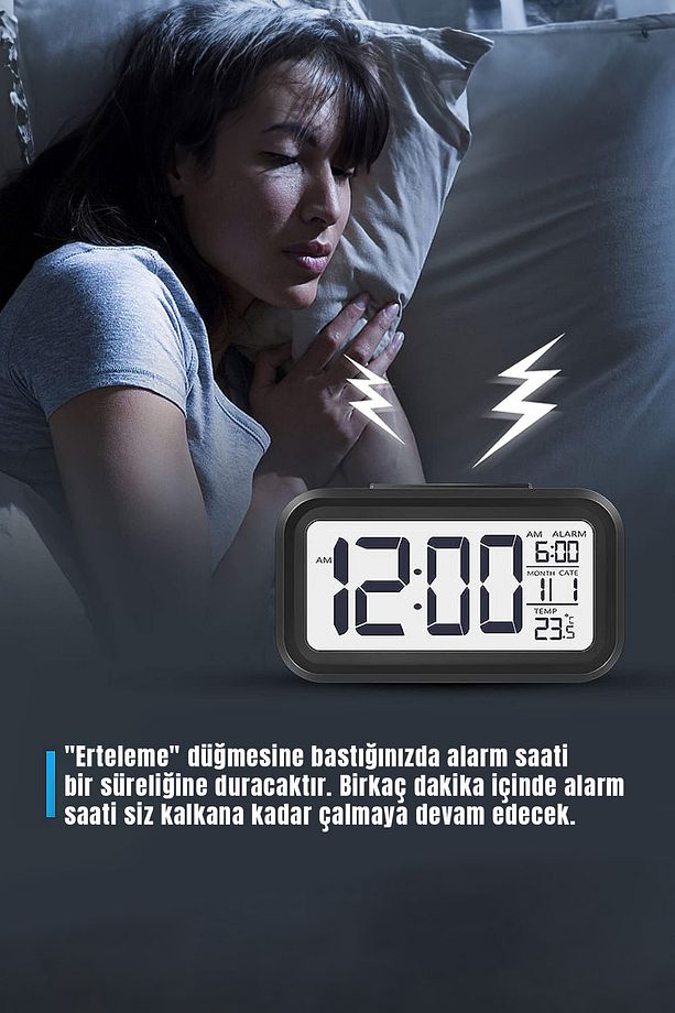 Dijital Işıklı Alarmlı Masa Saati Led Ekran Takvim Pilli Çalar Saat Siyah Renk - 3