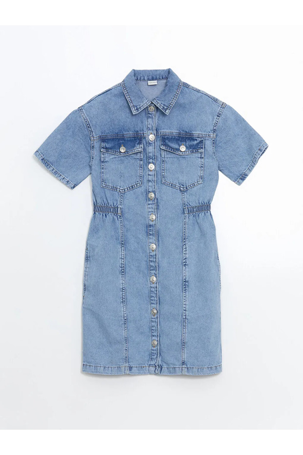 Lcw Kids Blue Short Sleeve Girls Jean Shirt Dress