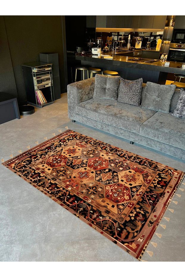 Royal Abstract Geometric Motifs Patterned Tassel Detailed Woven Base Decorative Carpet Royal43