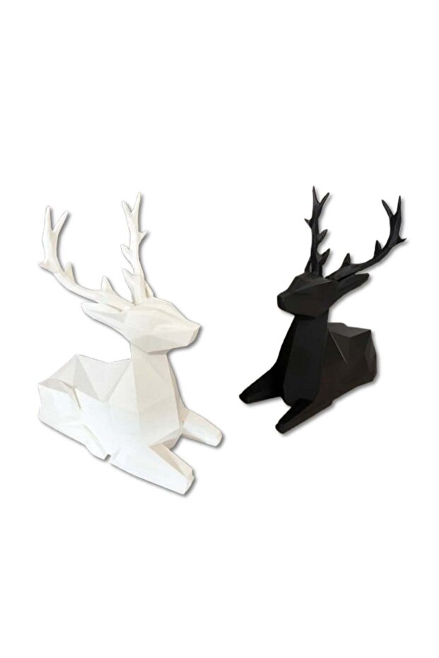 2Pcs Dual Seated Deer Figurine - White & Black