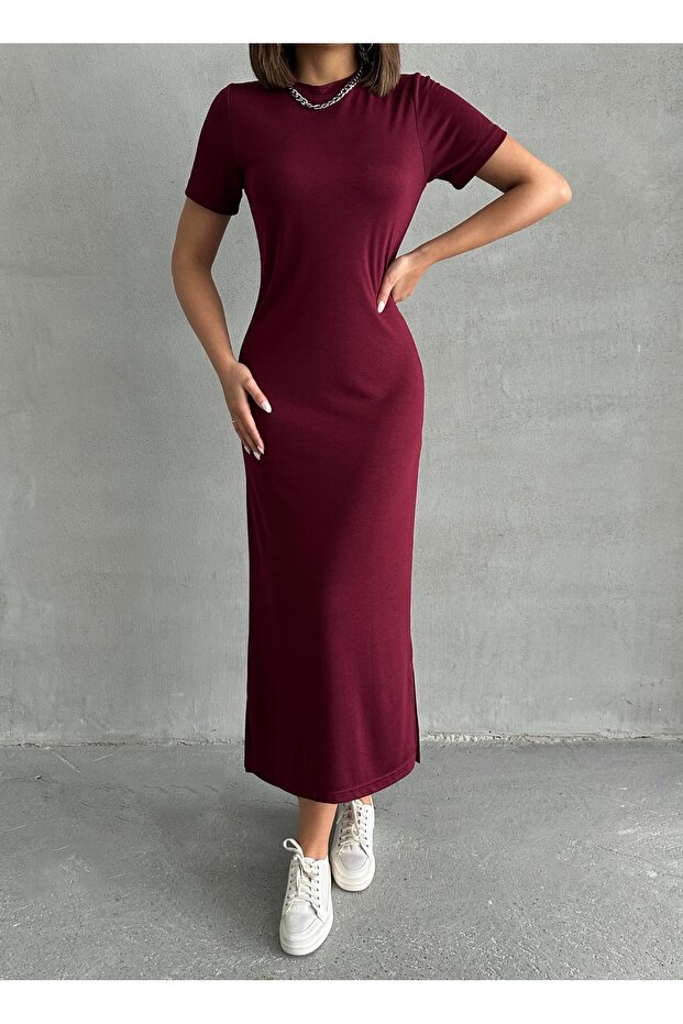 Women's Burgundy Modal Textured Soft Long Stretch Dress