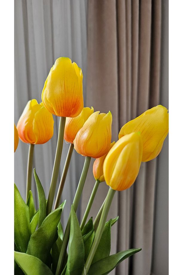 Yapay Çiçek Islak Lale Demet Islak Dokulu Kaliteli Sarı 45 Cm. 7 Dallı. (4 ÇİÇEK 3 TOMURCUK) - 5