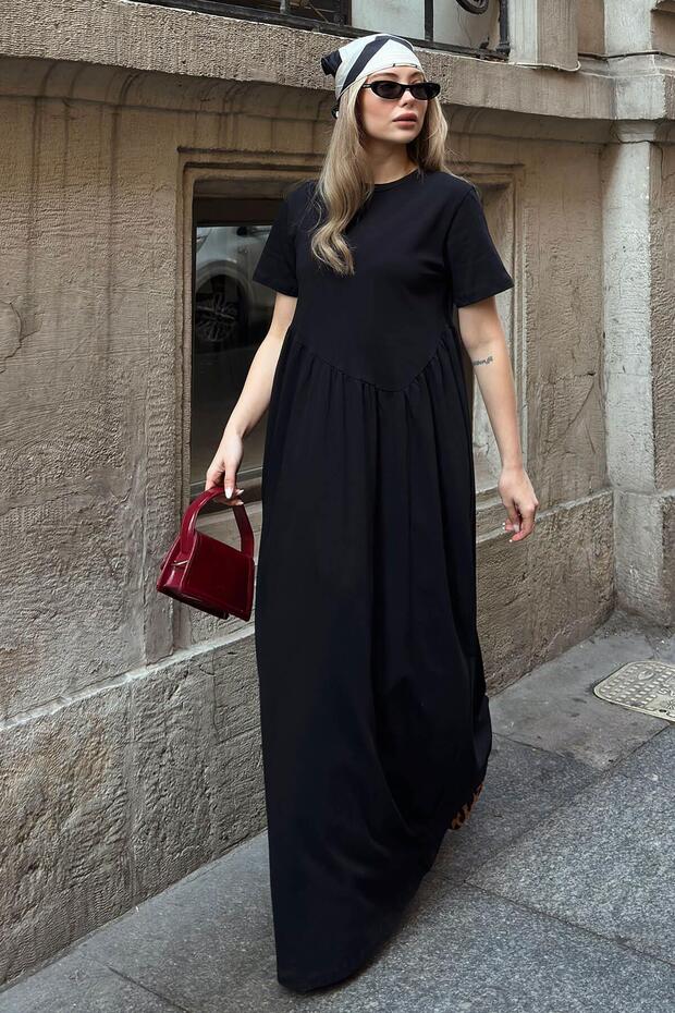 Black Bias Pleated Crew Neck Women's Modal Maxi Dress