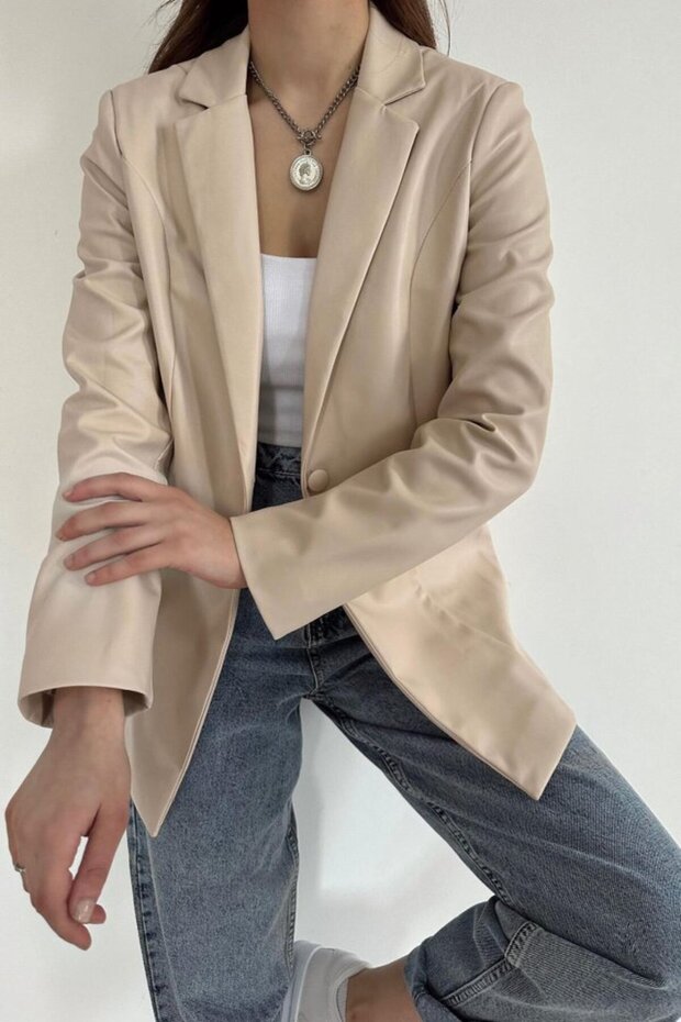 MODAVERA Bej Düğmeli Deri Ceket - 2