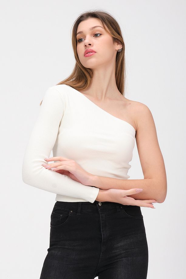 Kadın Ekru Tek Omuz Açık Uzun Kollu Fitilli T-shirt Bluz - 5