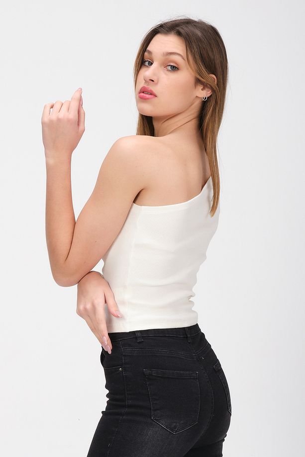 Kadın Ekru Tek Omuz Açık Uzun Kollu Fitilli T-shirt Bluz - 6