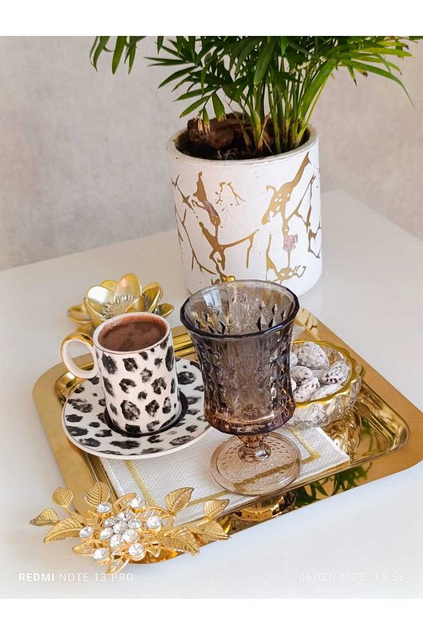 6 ADET Kahve & Çay & Sunum Tepsisi Gold 18/10 ÇELİK LÜX KRİSTALİZE TAŞLI Model - 7