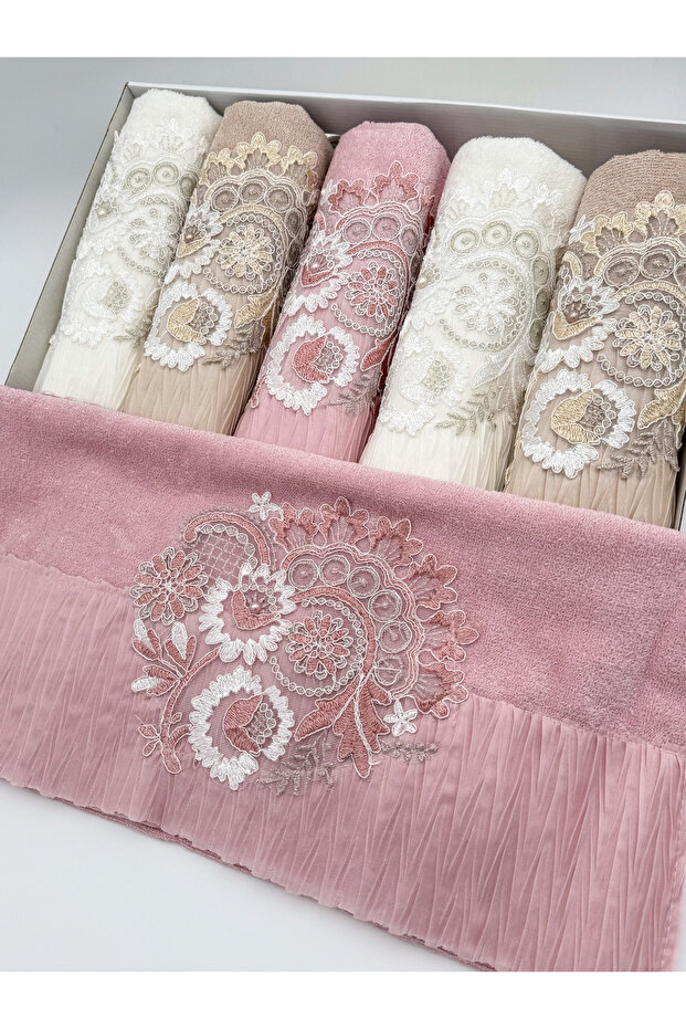 Satin Embroidery Patterned Laced Boxed Luxury Dowry Holder 50X90 Set of 6 Hand Face Towels