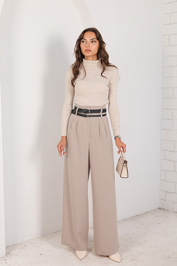 Stone Double Belted Palazzo Trousers 32-2240
