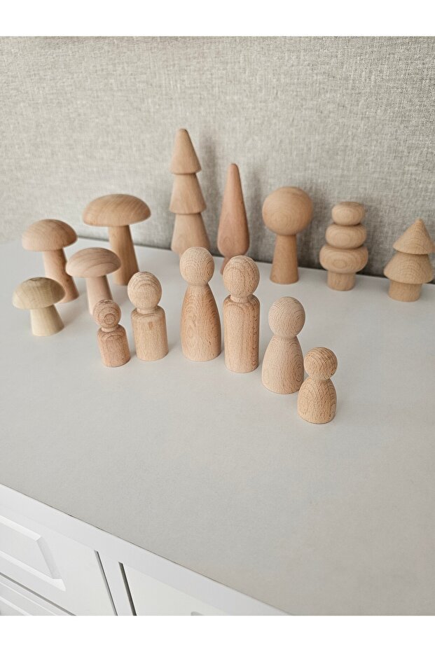 , Ham tam set ahşap oyuncak, Ham 6 lı ahşap aile peg bebek, 5 ağaç, 4 mantar - 3