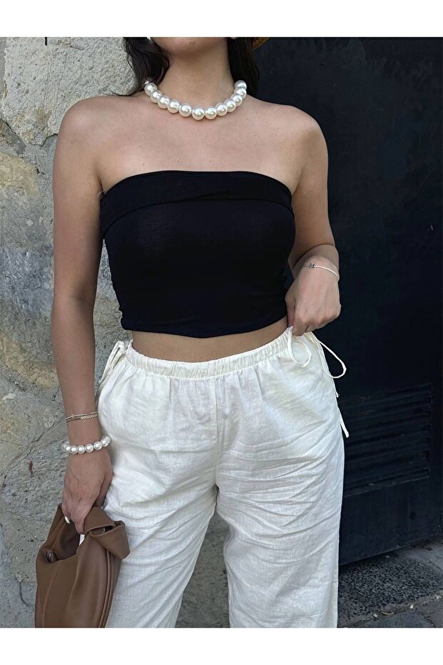 Women's Strapless Body-Hugging Chest Curved Corded Fabric Ribbed Knit Basic Crop Blouse - Black