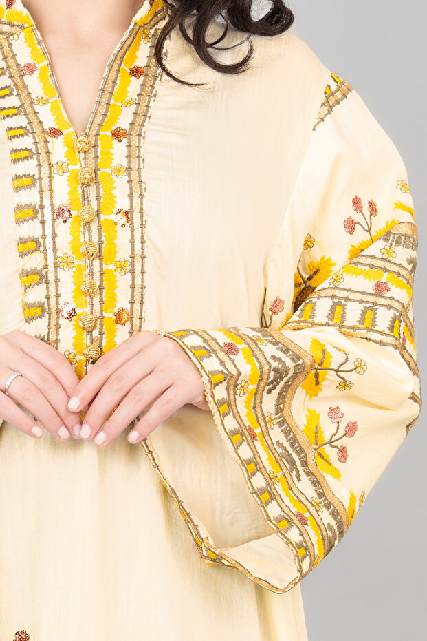 جلابية مطرزة سادة مع جيب - 2