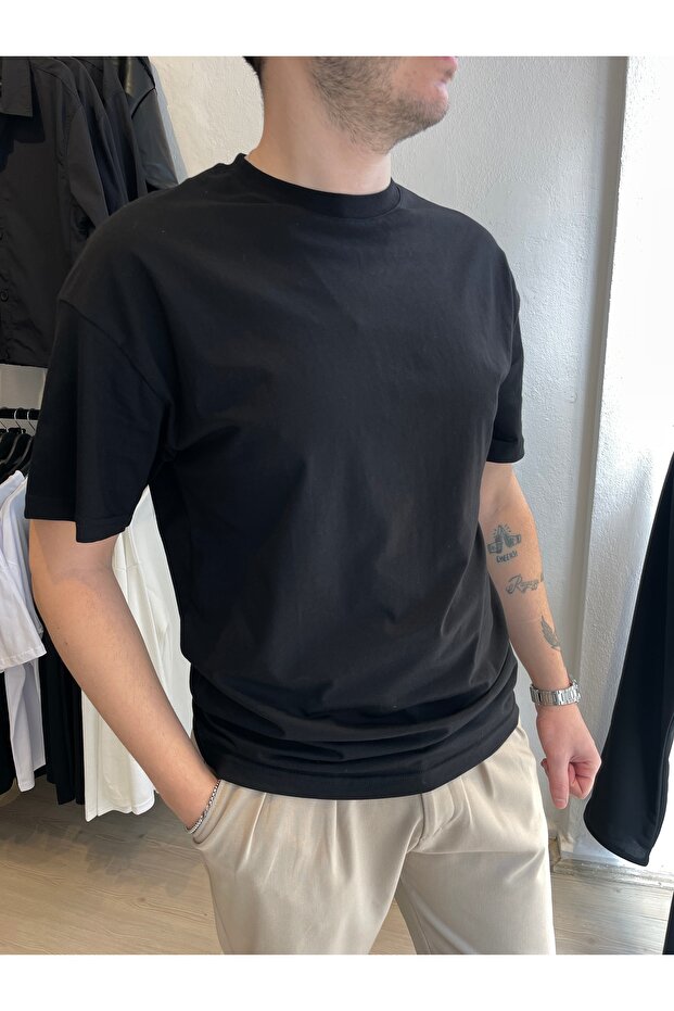 Erkek Oversize Ribanalı Basic Tişört Siyah