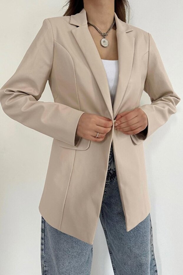 MODAVERA Bej Düğmeli Deri Ceket - 7