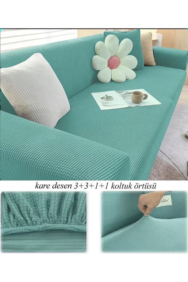 Streç Lastikli Esnek Yikanabilir Kare Desen Berjer Kotuk Örtüsü Takımı 3+3+1+1 - 1