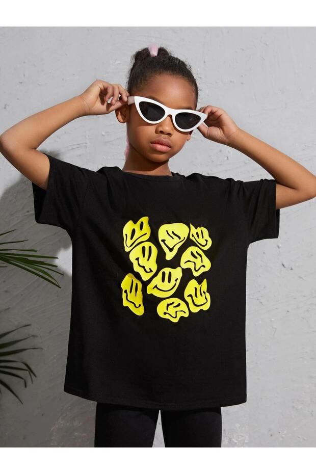 Kids Smile Emoji Printed Oversize Black Children's T-shirt