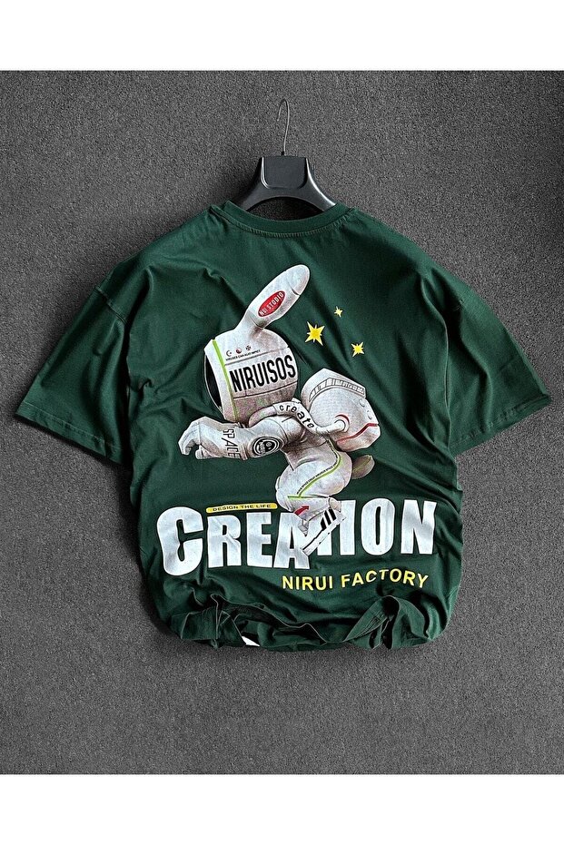 Niruisos Astronaut Rabbit Printed Oversize Crew Neck T-shirt