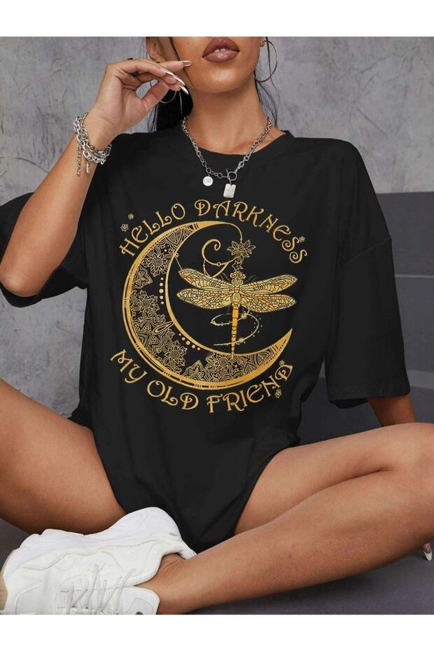 Hello Darkness Printed Black Oversize Unisex T-shirt