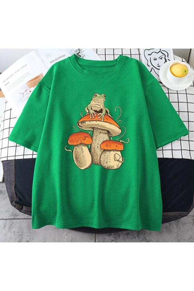 Frog Mushroom Printed Crew Neck Oversize T-shirt