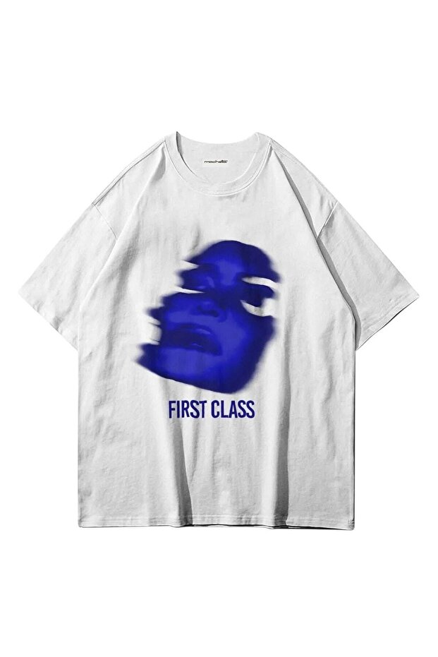 Plus Size White First Class Printed Cotton Oversize Crew Neck T-shirt
